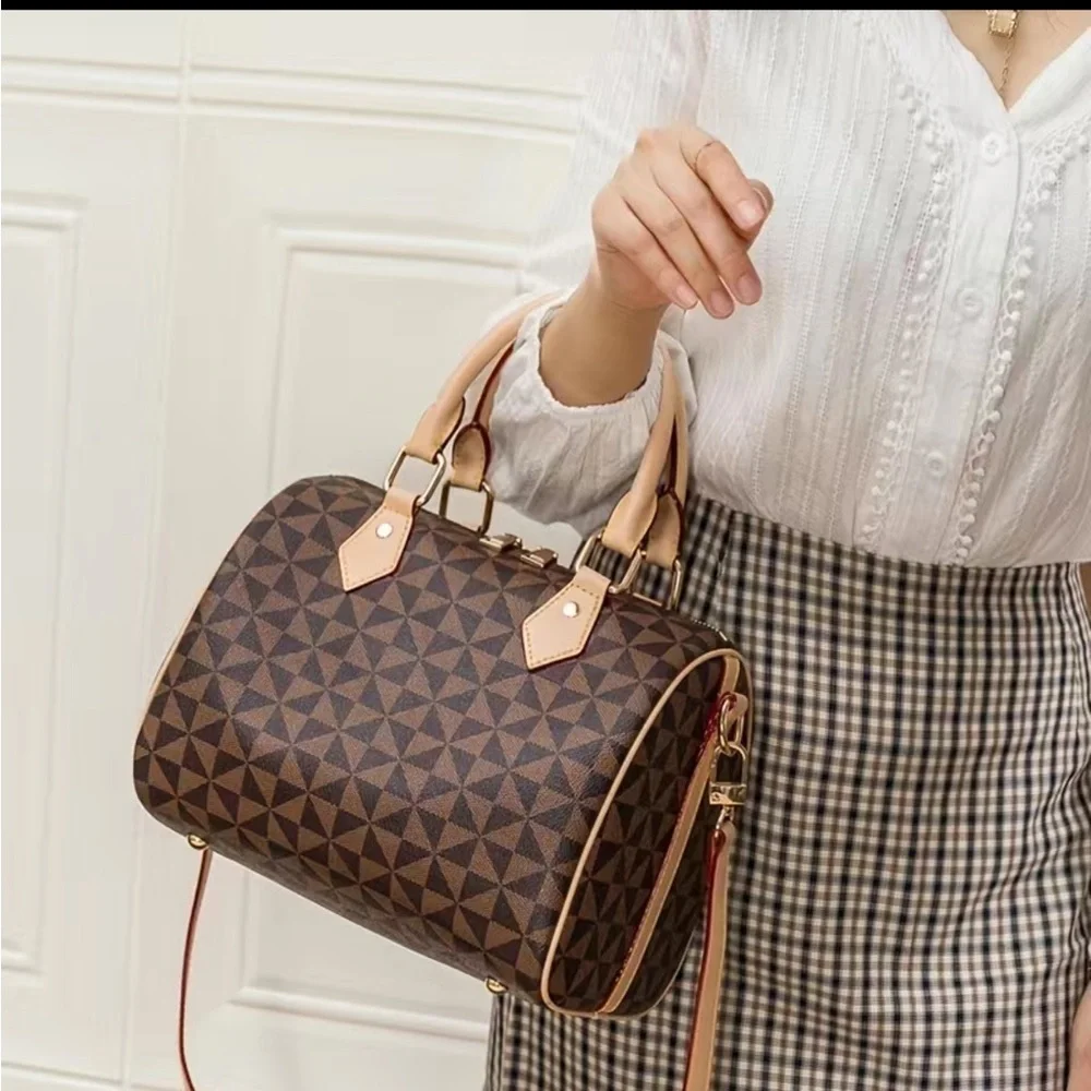 New! Beautiful Brown Geometric Boston Bag Crossbody Satchel Handbag Purse